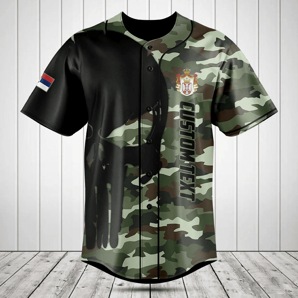 Personalized Serbia Black Skull Camouflage Baseball Jersey