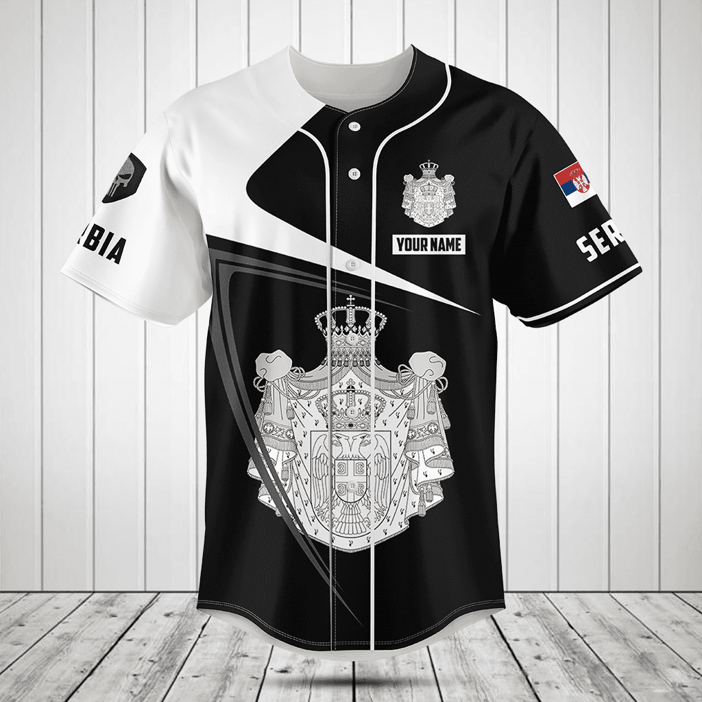 Personalized Serbia Symbol Black And White Skull Baseball Jersey