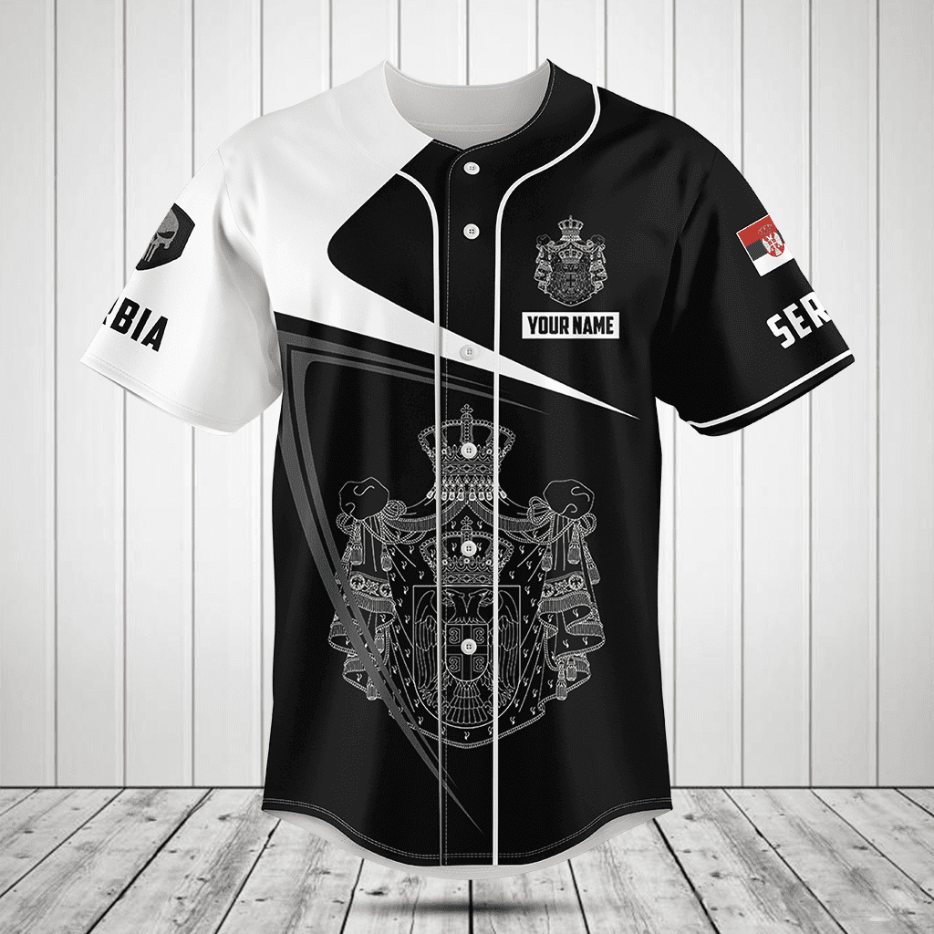 Personalized Serbia Symbol Black And White Skull v2 Baseball Jersey