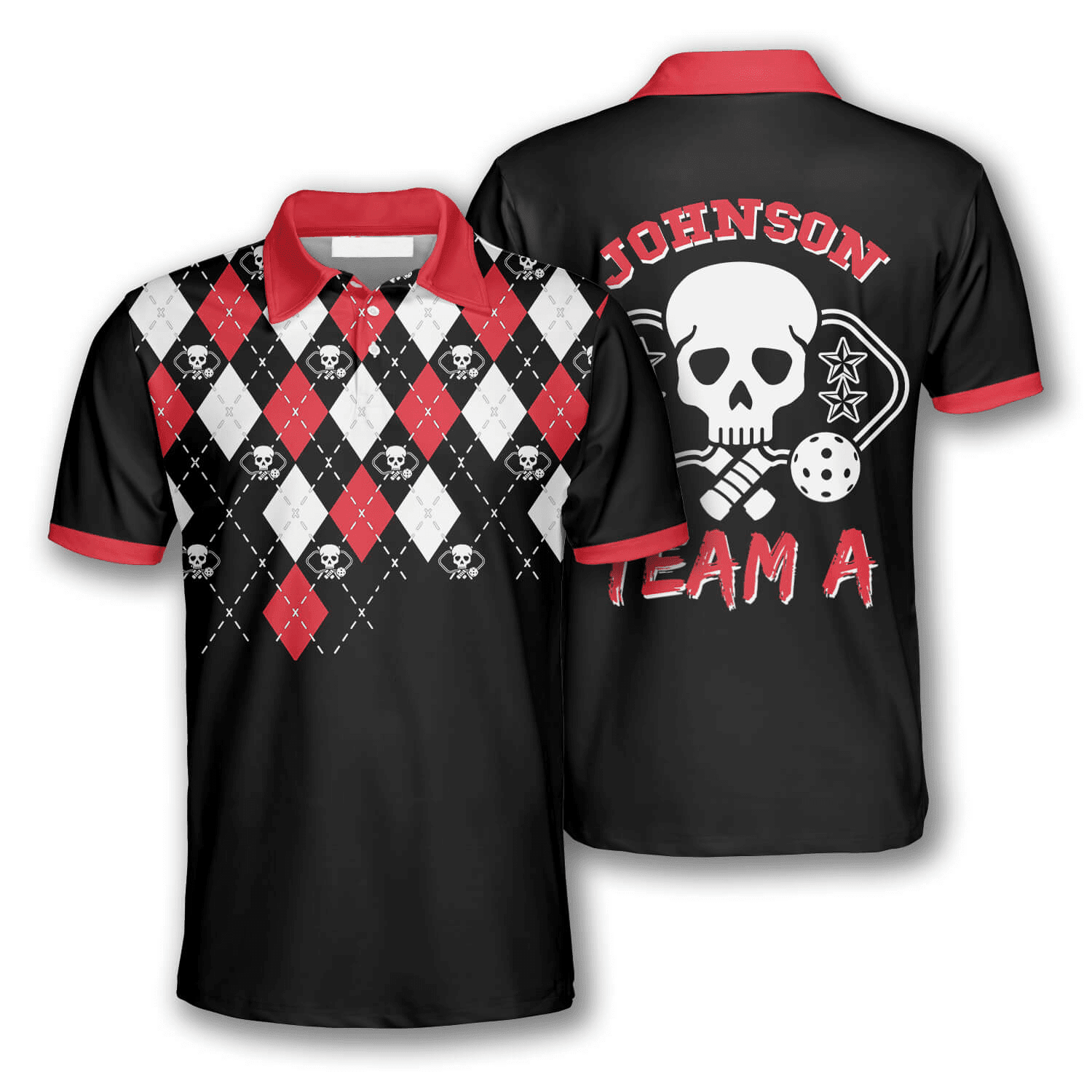 Personalized Skull Argyle Pattern Personalized Pickleball Polo Shirts for Men