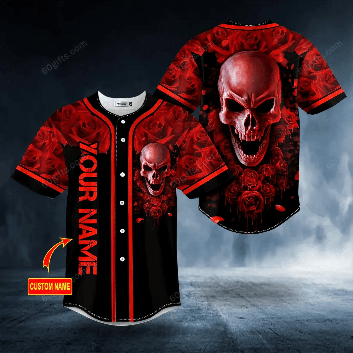 Personalized Skull Red Roses Beauty Skull Baseball Jersey