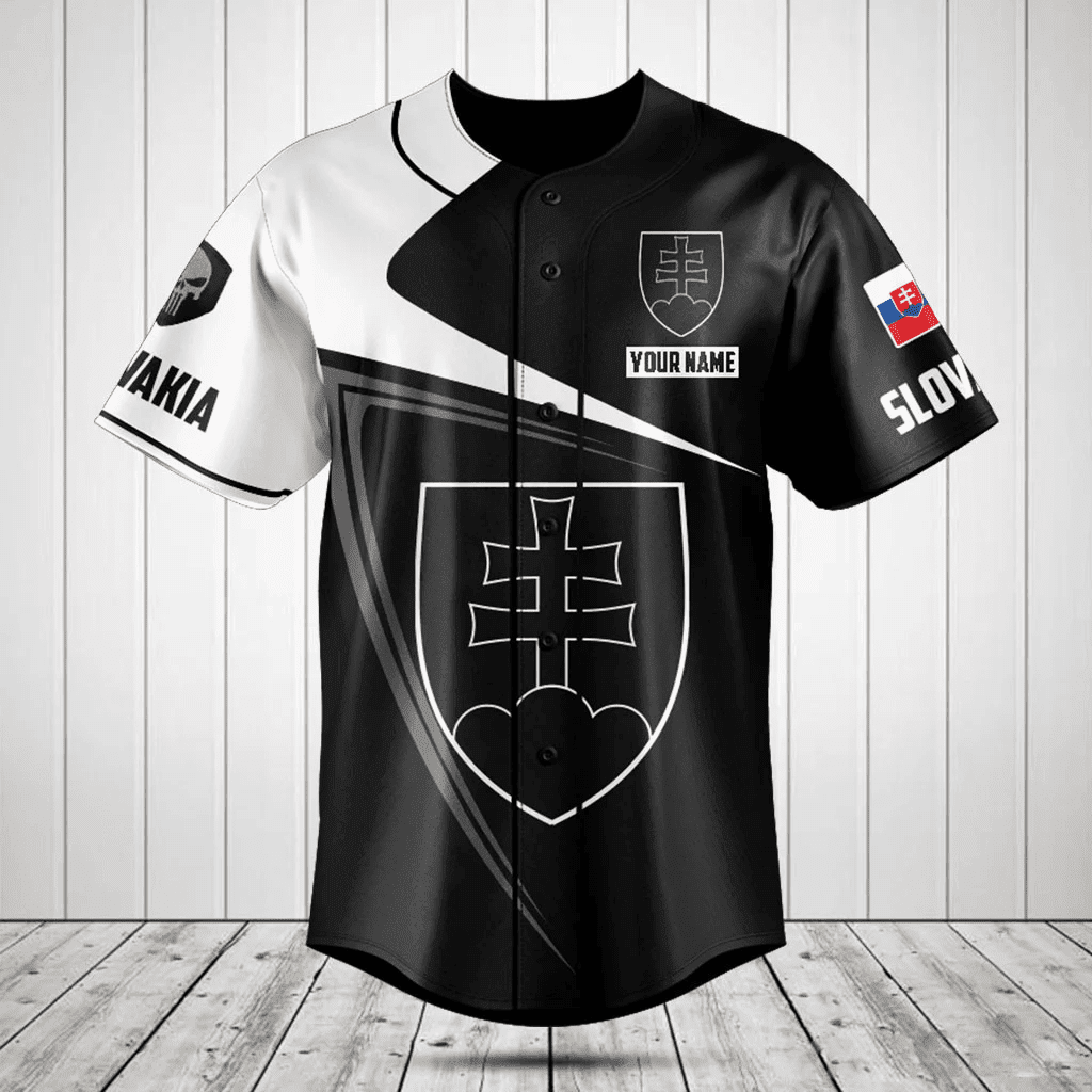 Personalized Slovakia Symbol Black And White Skull Baseball Jersey