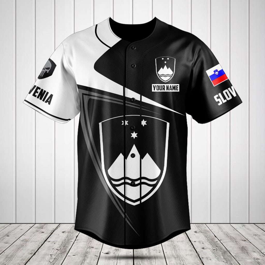 Personalized Slovenia Symbol Black And White Skull Baseball Jersey