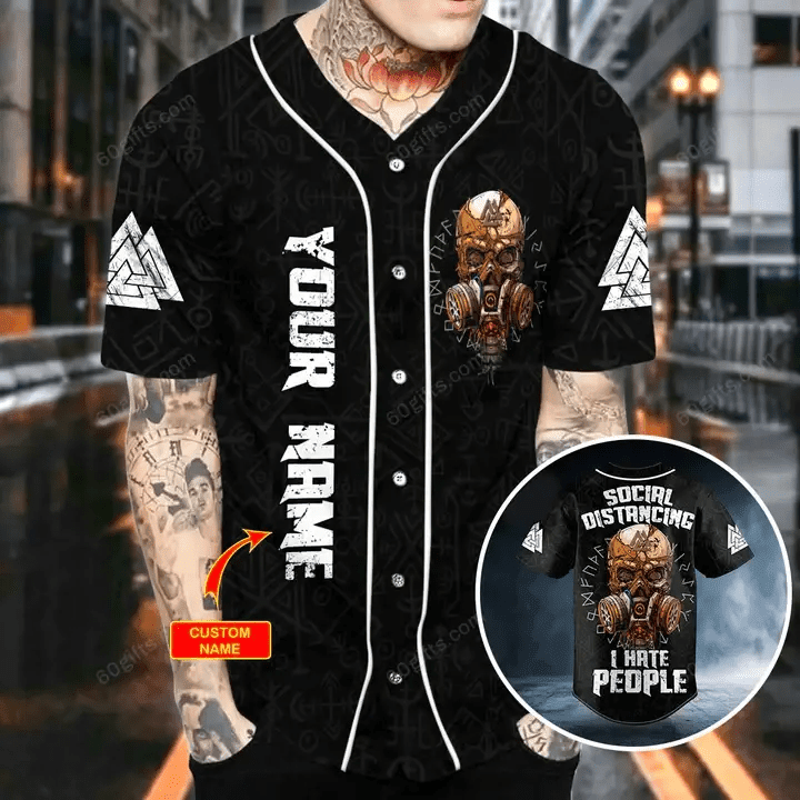 Personalized Social Distancing Valknut Viking Gas Mask Skull Baseball Jersey