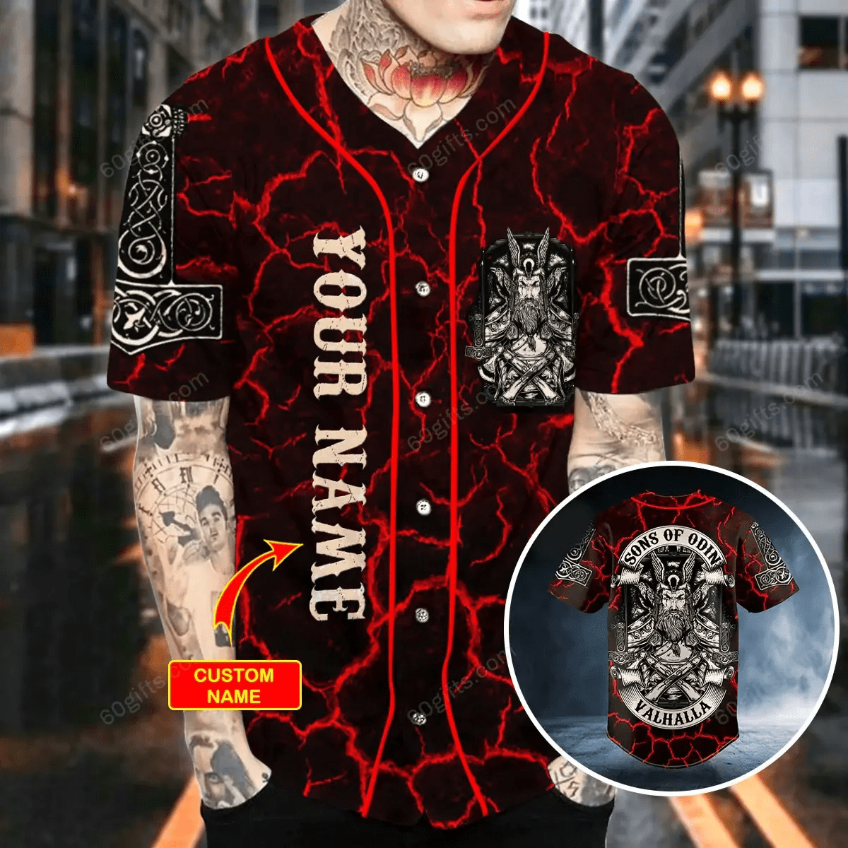 Personalized Son of Odin Valhalla Viking Odin Fantasy Red Lightning Baseball Jersey