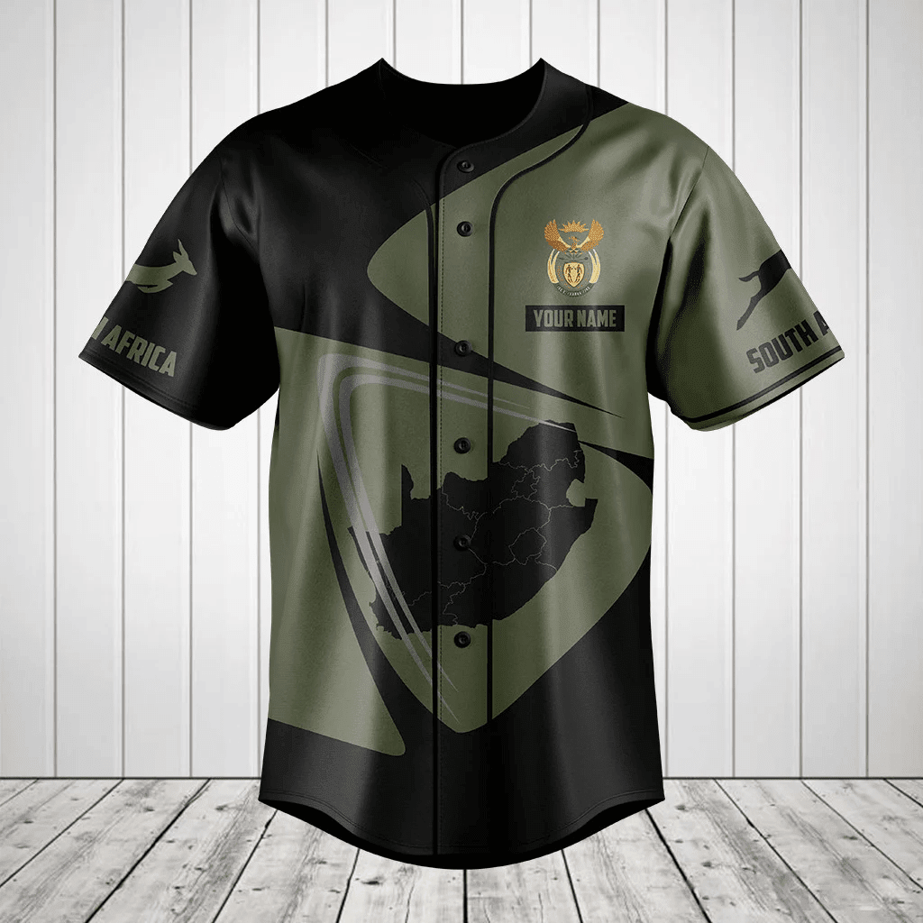 Personalized South Africa Map Black And Olive Baseball Jersey