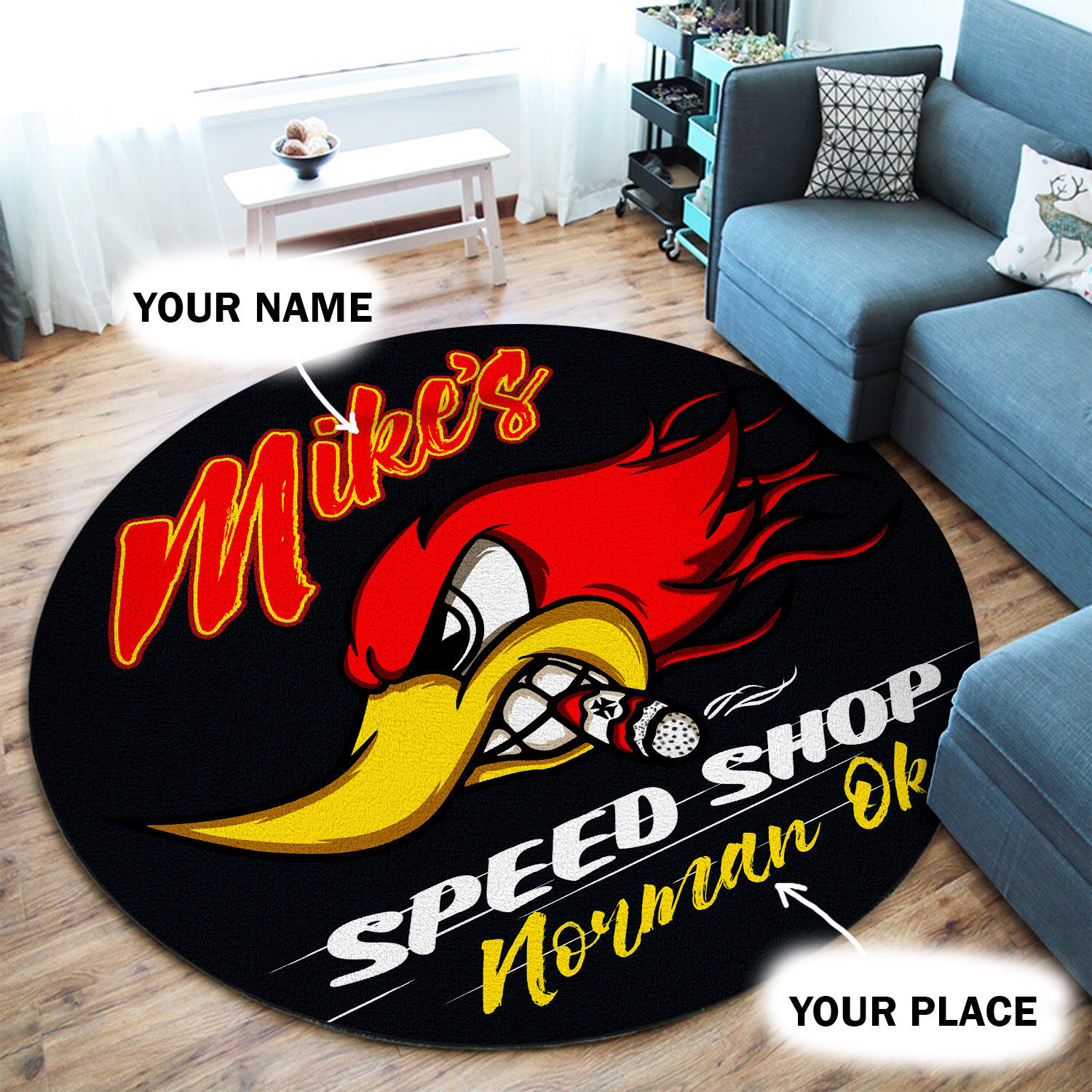 Personalized Speed Shop Hot Rod Round Rug Carpet Bedroom Livingroom Home Decor