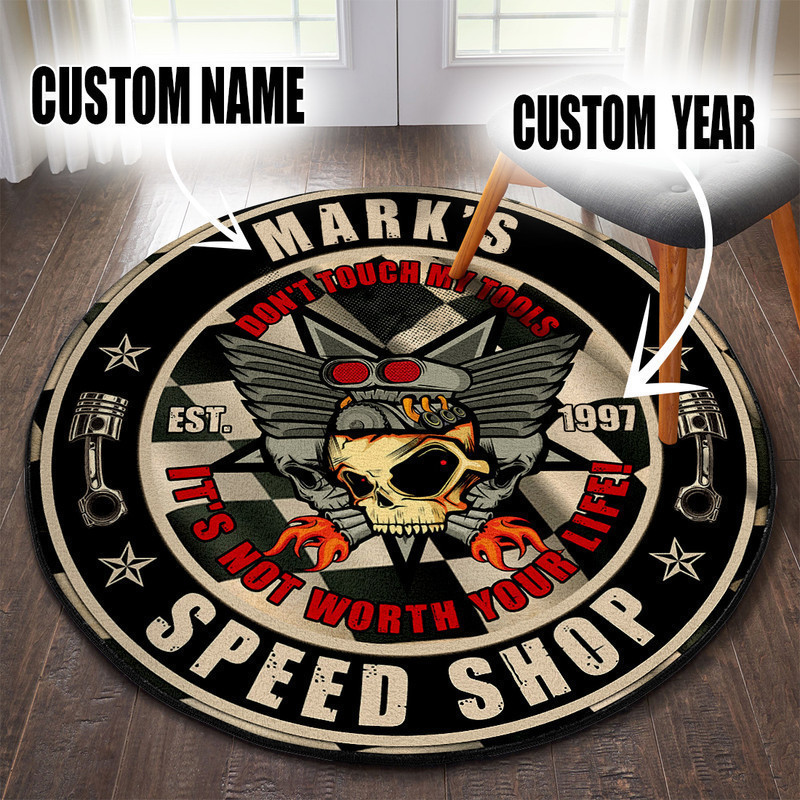 Personalized Speed Shop Hot Rod Round Rug Carpet Bedroom Livingroom Home Decor