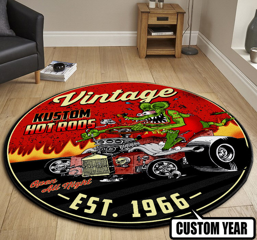 Personalized Vintage Kustom Hot Rod Round Rug Carpet Bedroom Livingroom Home Decor - Image 3