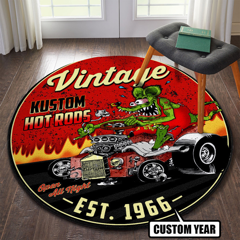 Personalized Vintage Kustom Hot Rod Round Rug Carpet Bedroom Livingroom Home Decor