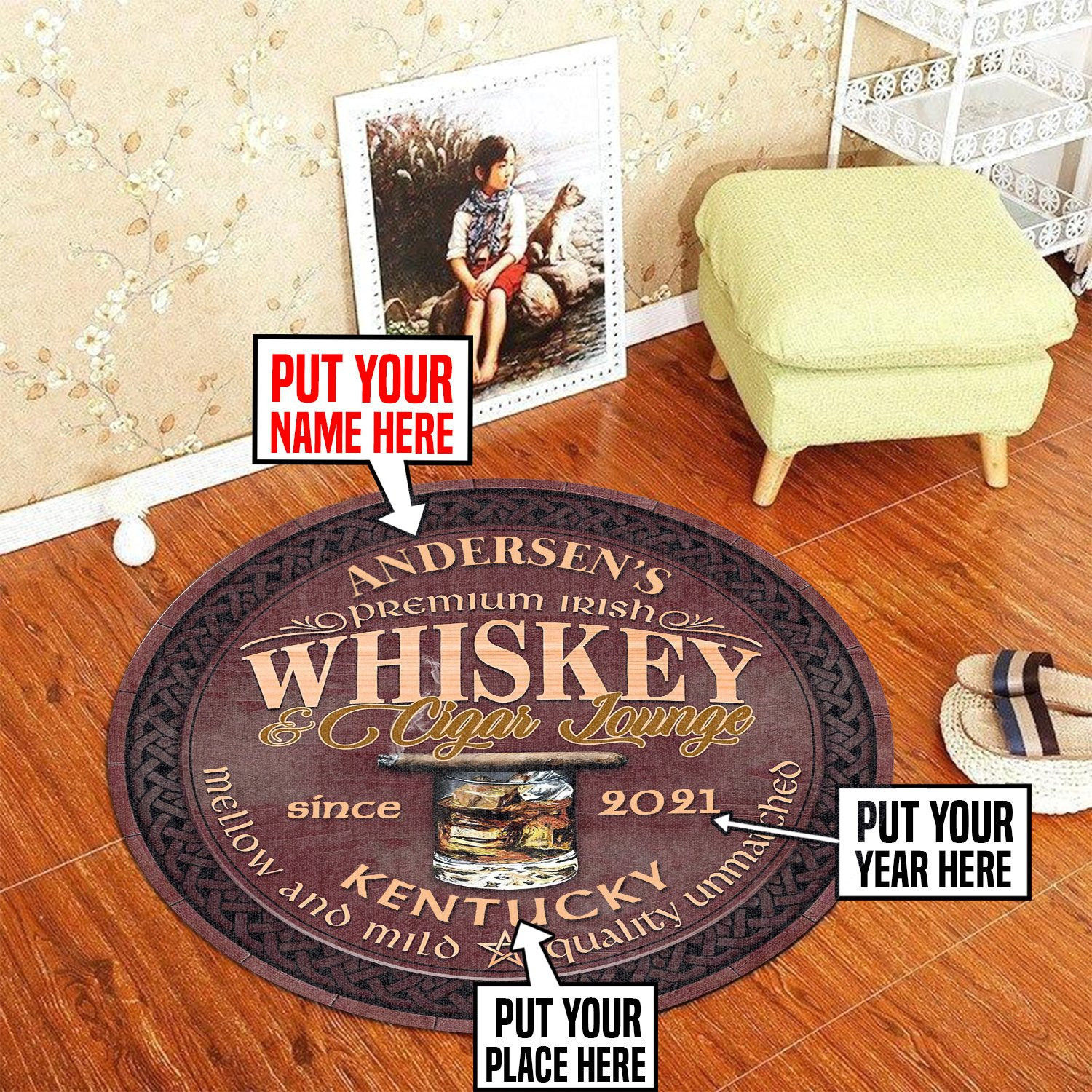 Personalized Whiskey Cigar Lounge Round Rug Carpet Bedroom Livingroom Home Decor