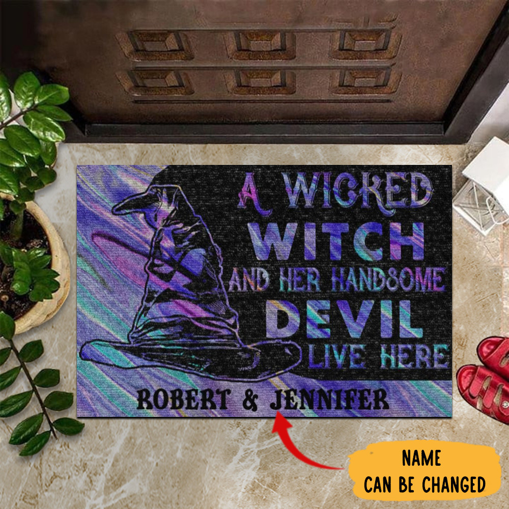 Personalized Witch Rubber Doormat A Wicked Witch And Her Handsome Devil Live Here Rubber Doormat Funny Mats