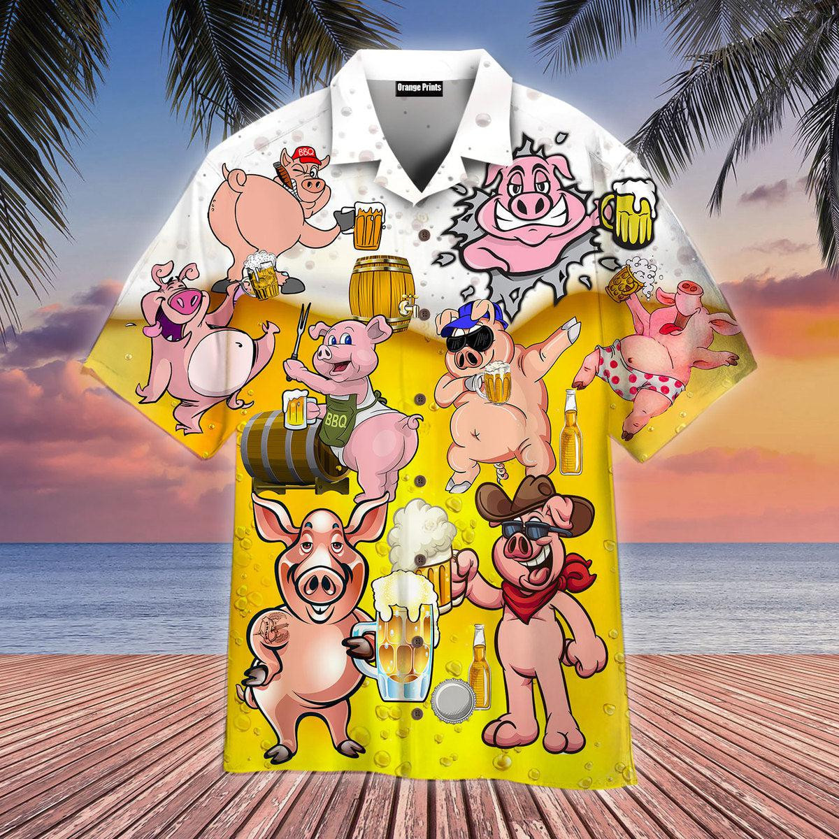 Pig America Drinking Beer Hawaiian Shirt