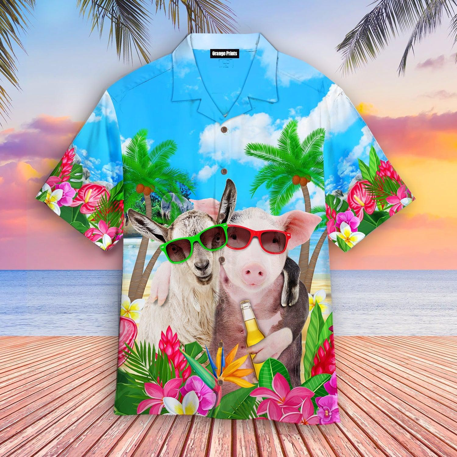 Pig And Goat In Sunglasses Hugging While Drinking Beer Hawaiian Shirt