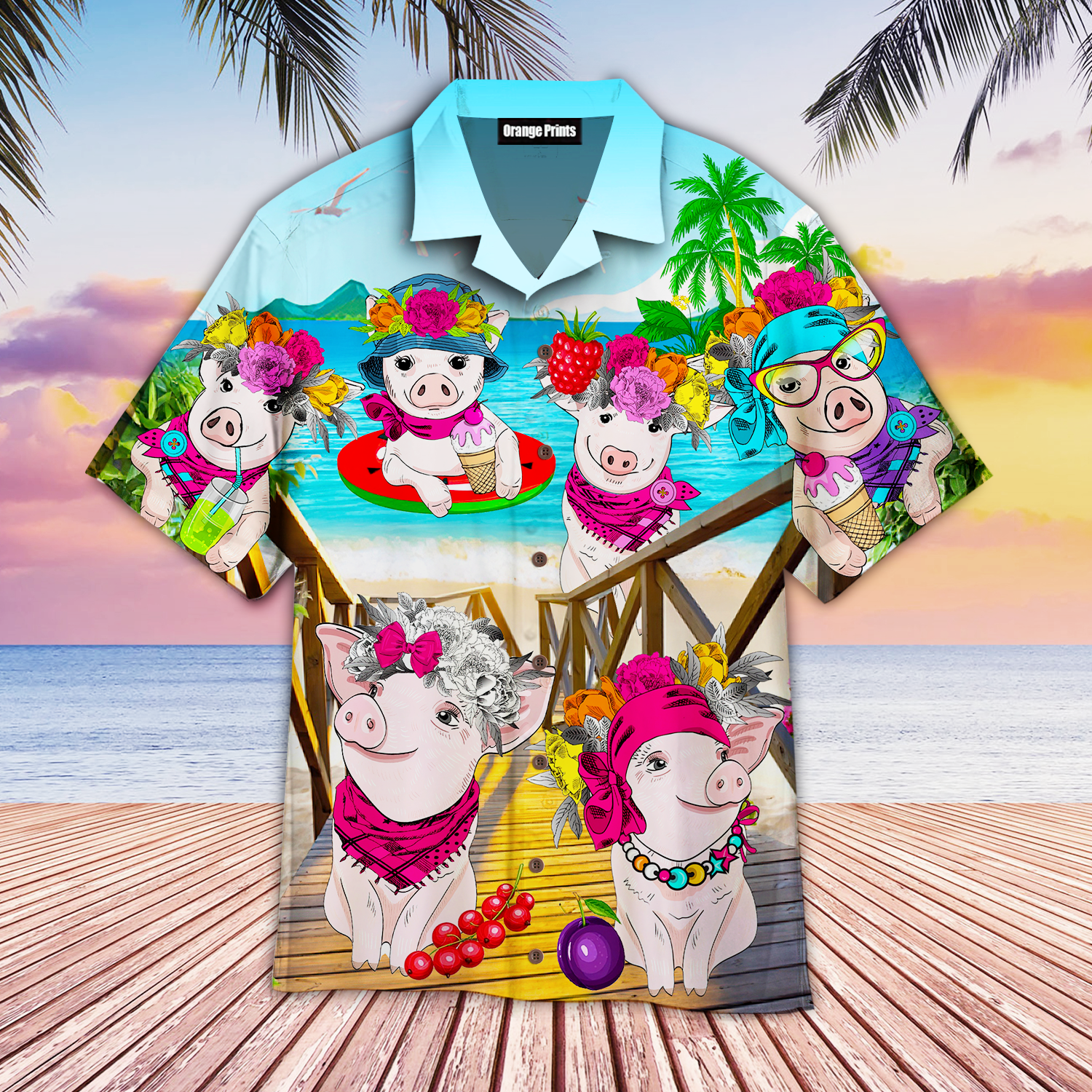 Pig Colorful On Beach Hawaiian Shirt