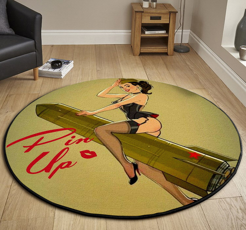 Pin Up Girl Hot Rat Rod Round Rug Carpet Bedroom Livingroom Home Decor - Image 3