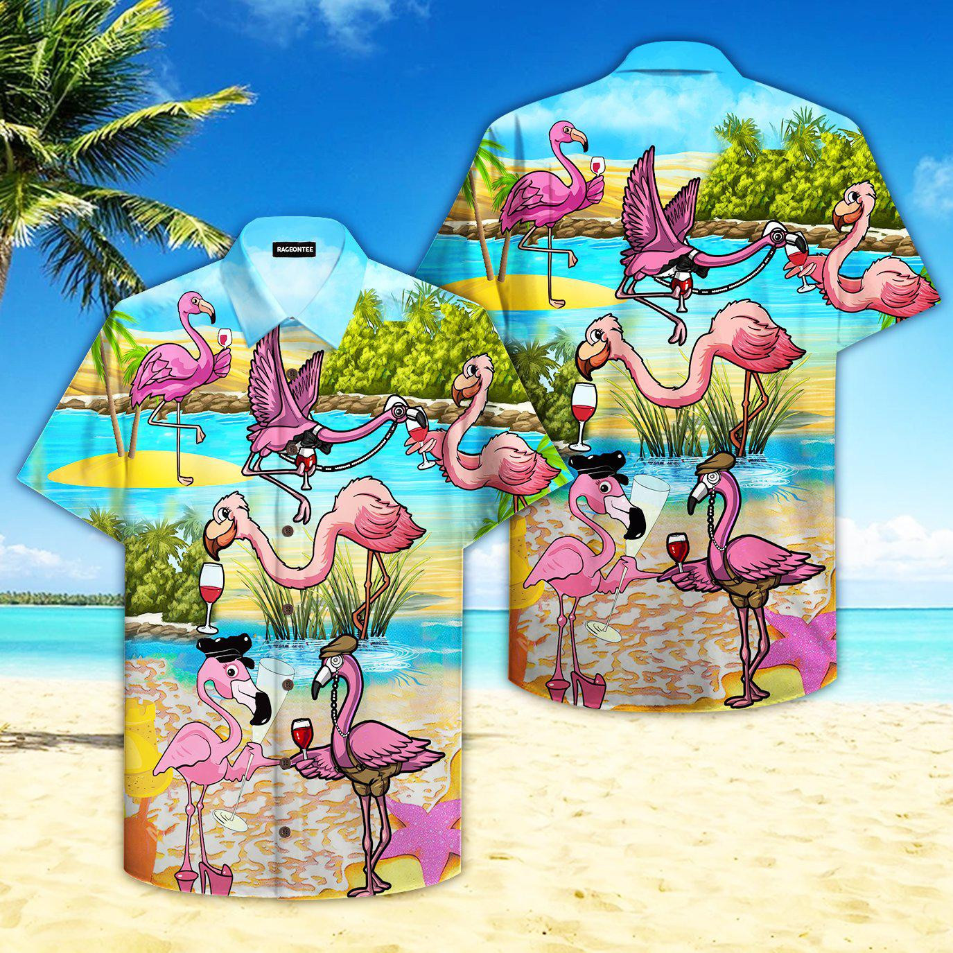 Pink Flamingo Drink Wine Party Hawaiian Shirt