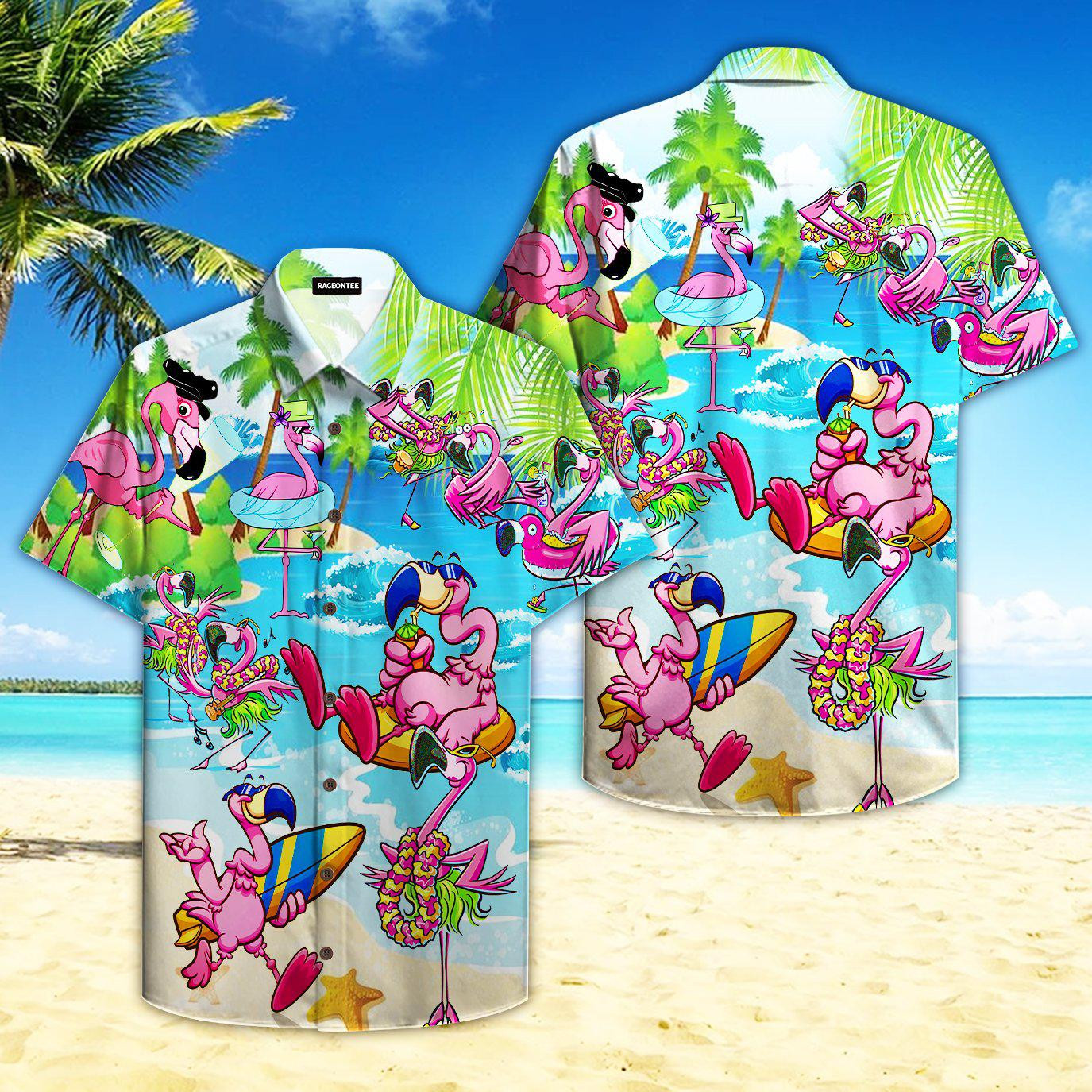 Pink Flamingo On Beach Summer Hawaiian Shirt