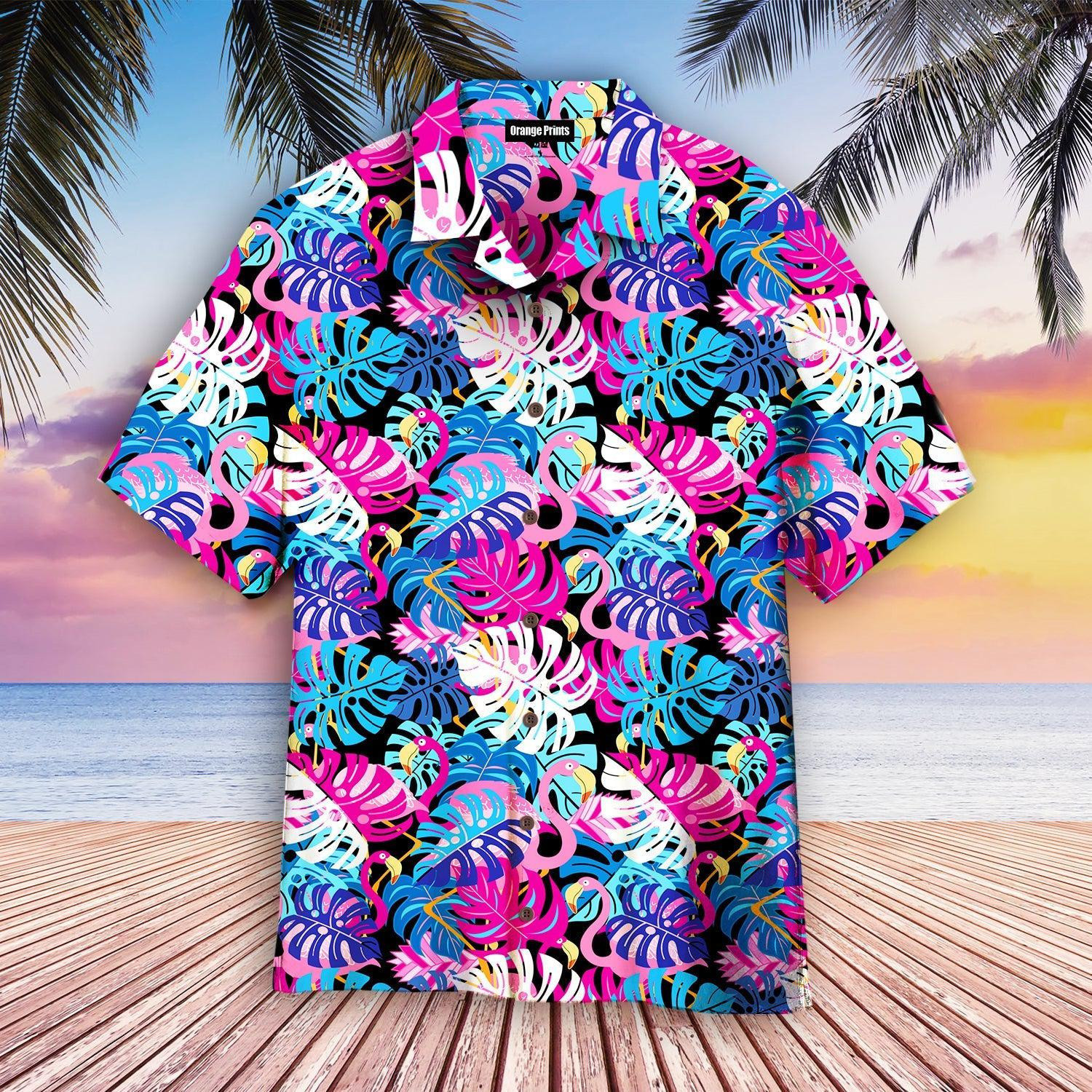 Pink Flamingos With Tropical Leaves Hawaiian Shirt