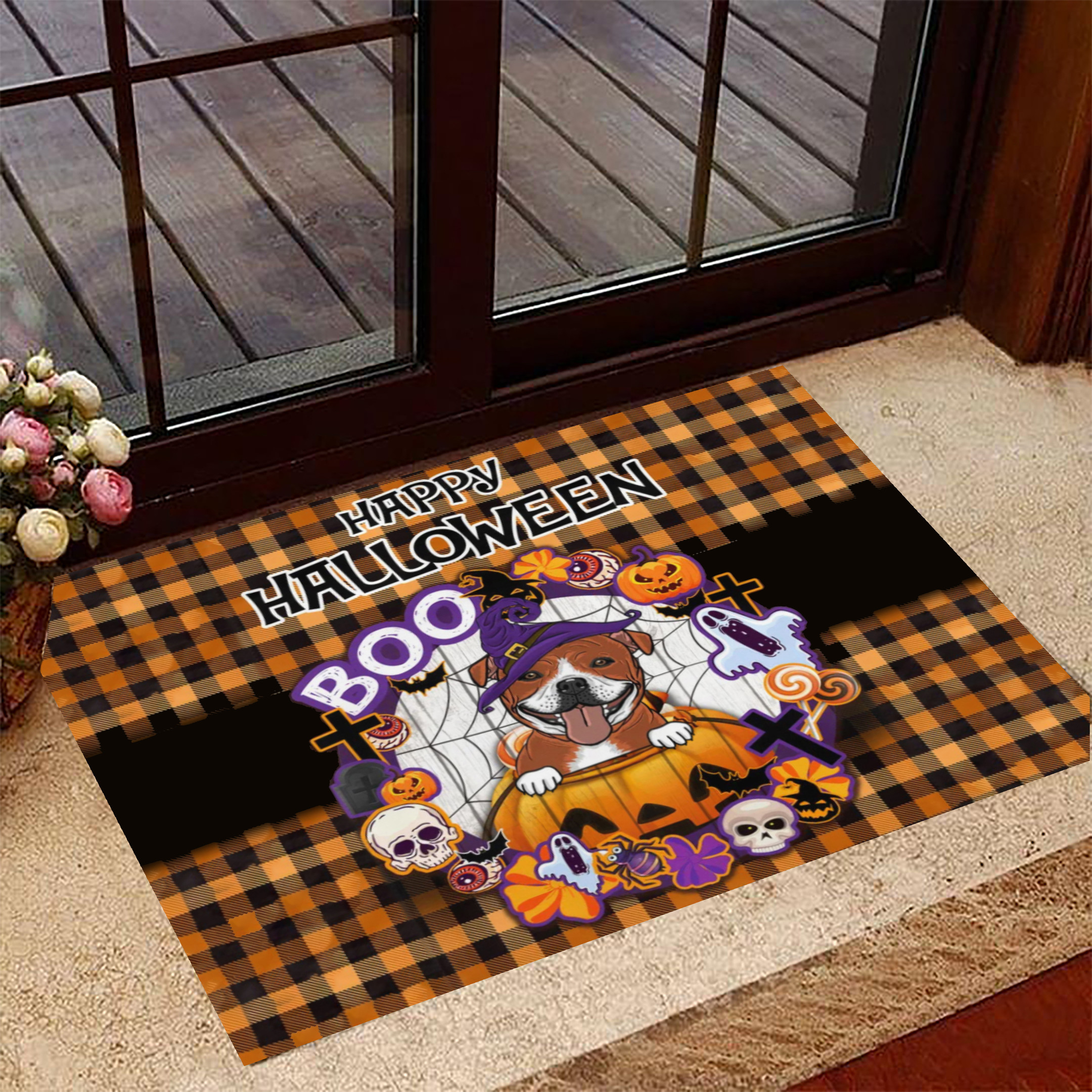 Pitbull Happy Halloween Rubber Doormat Pitbull Owner Inside Door Mats Gift For Halloween