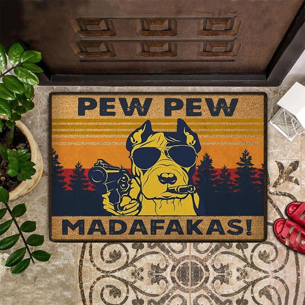 Pitbull With Gun Pew Pew Madafakas Rubber Doormat Vintage Welcome Funny Front Door Mat Outdoor