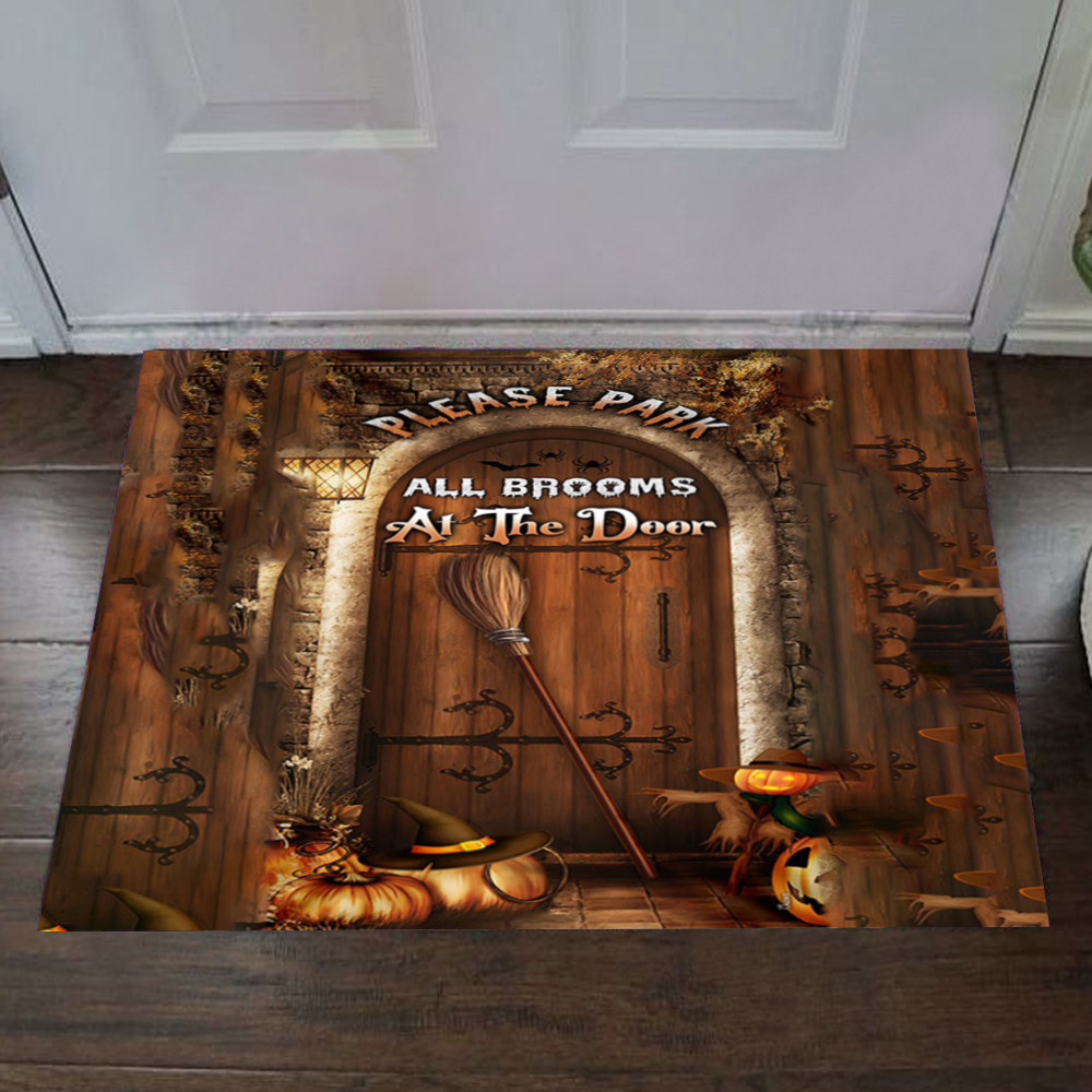 Please Park All Brooms At The Door Rubber Doormat Happy Halloween Funny Welcome Mats For Front Door