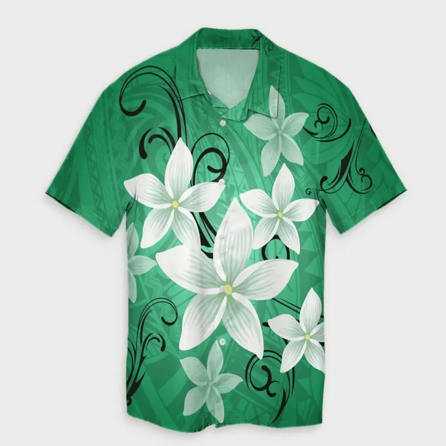 Plumeria Polynesian Green Hawaiian Shirt