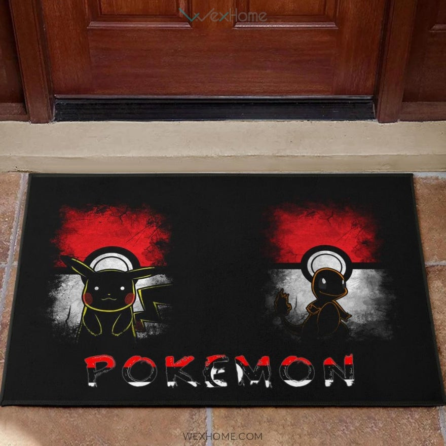 Pokemon Anime Charmander With Pikachu Silhouette Pokemon Ball Rubber Doormat Home Decor