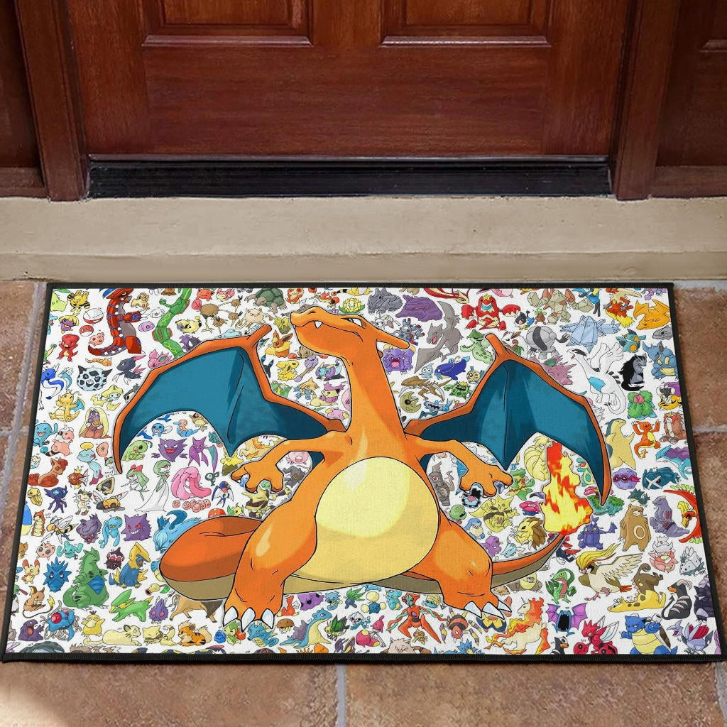 Pokemon Anime Rubber Doormat - Charizard Flame Dragon Tiny Pokemon Patterns Background Rubber Doormat Home Decor