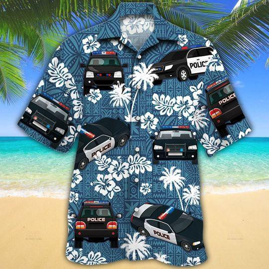 Police Cars Blue Tribal Pattern Hawaiian Shirt