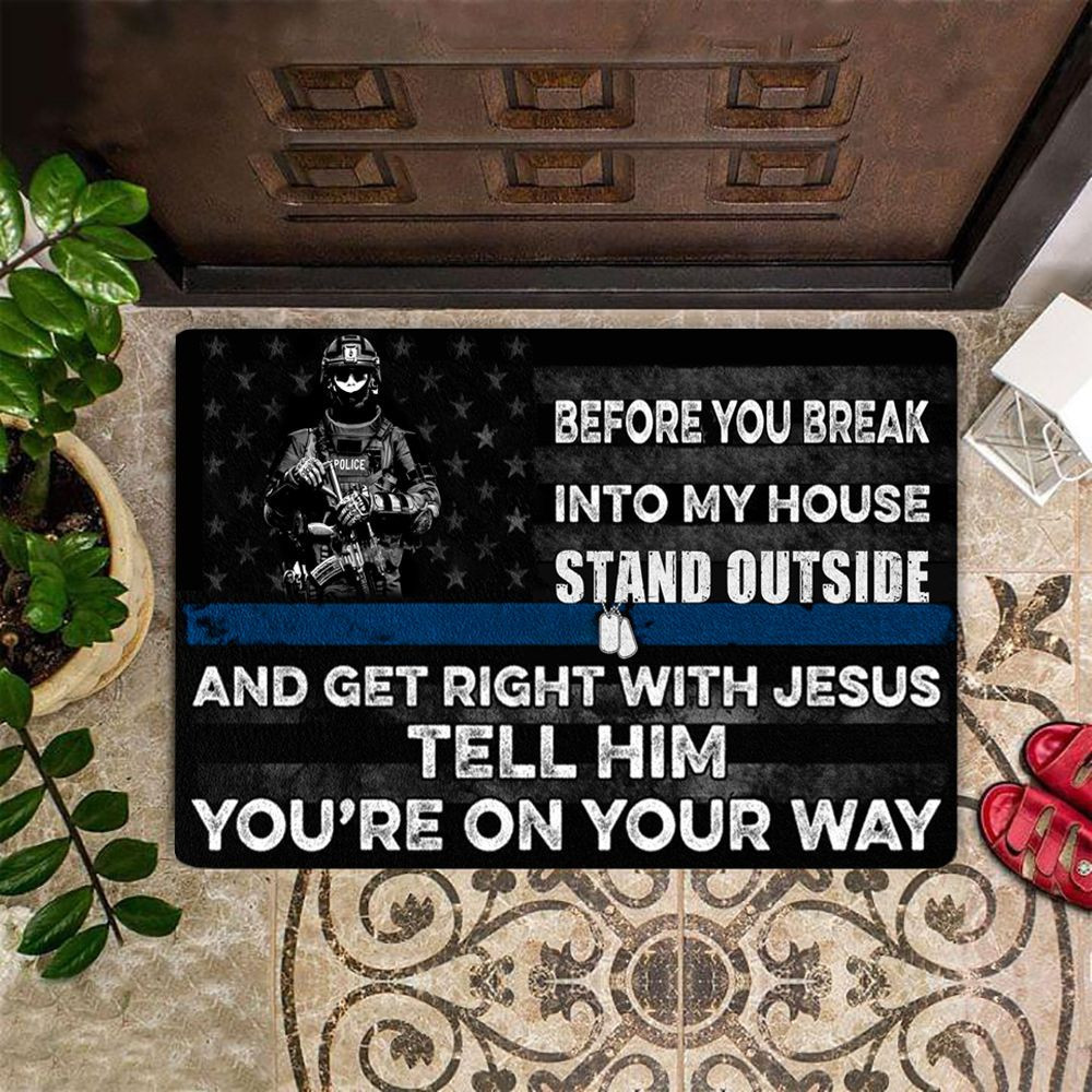 Police Thin Blue Line Get Right With Jesus Rubber Doormat Decorative Unique Proud Police Gift Ideas