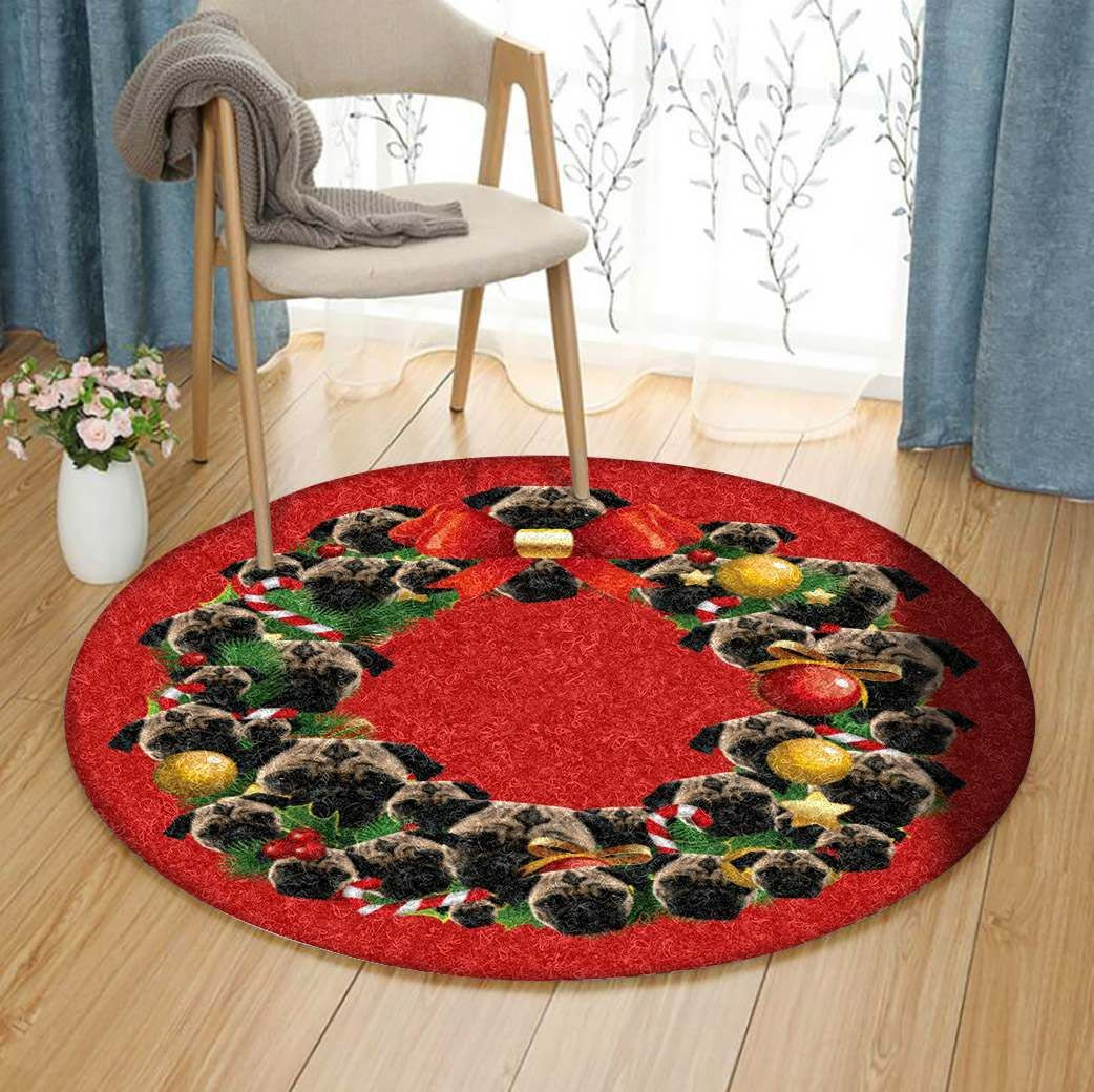 Pug Dog Christmas Wreath Round Rug Carpet Bedroom Livingroom Home Decor
