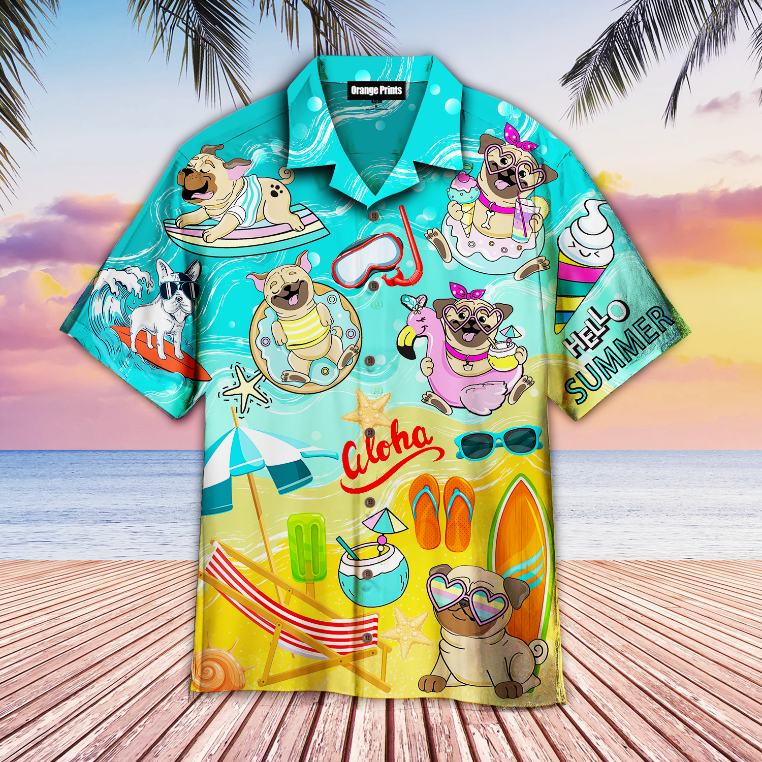 Pug Dogs Beach Hello Summer Aloha Hawaiian Shirt
