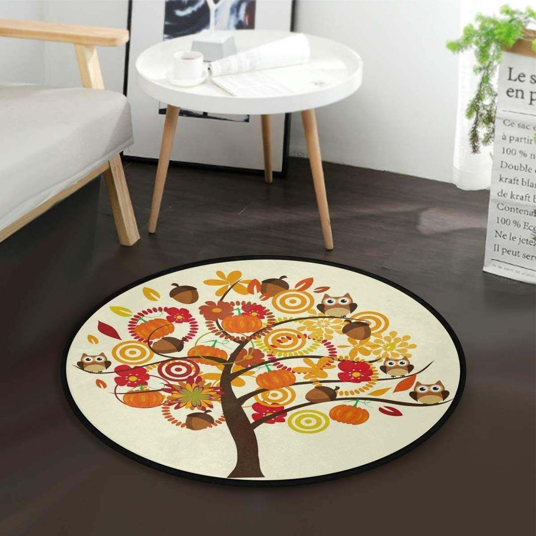 Pumpkin And Owl Round Rug Carpet Bedroom Livingroom Home Decor