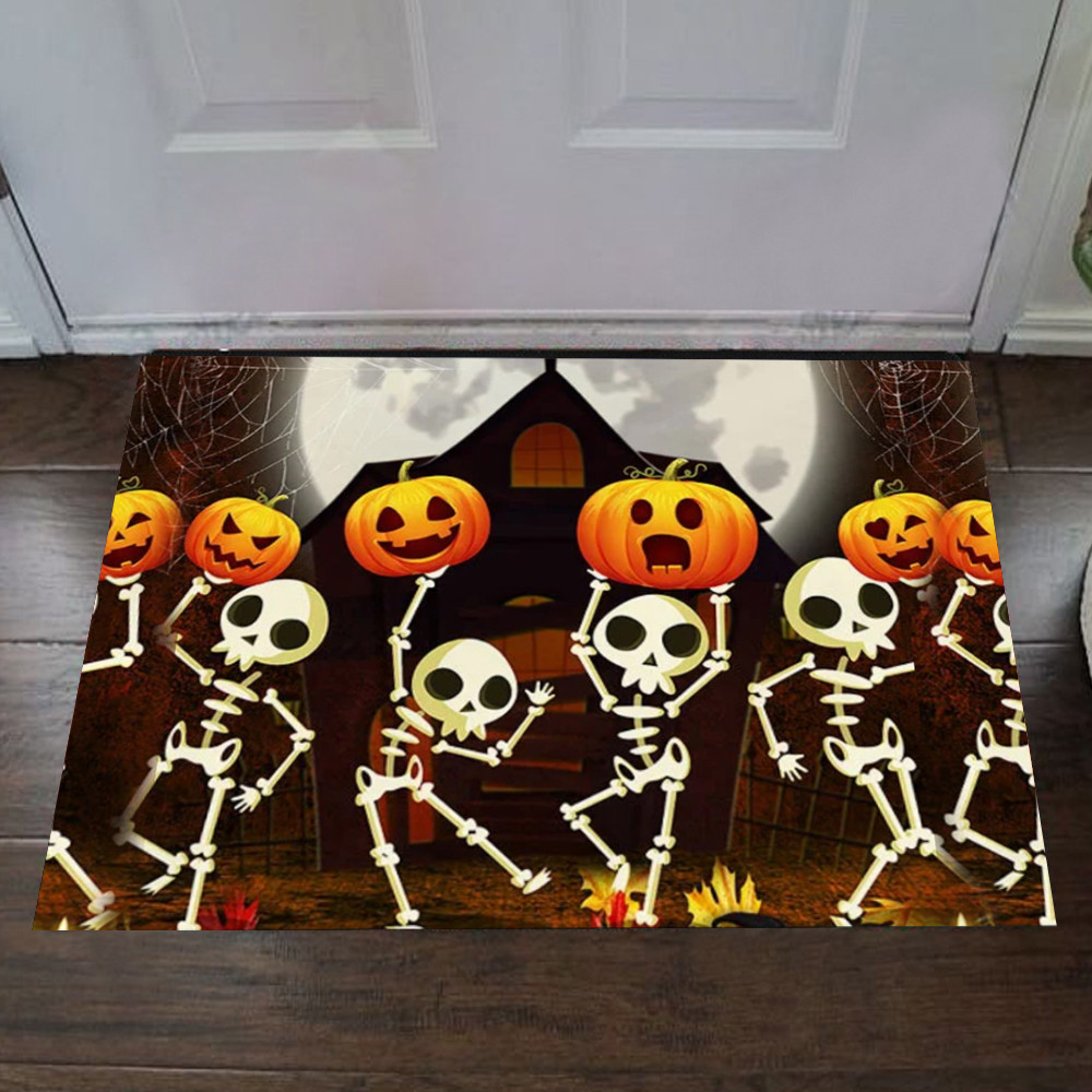 Pumpkin Skeleton Happy Halloween Rubber Doormat Funny Halloween Door Decorations