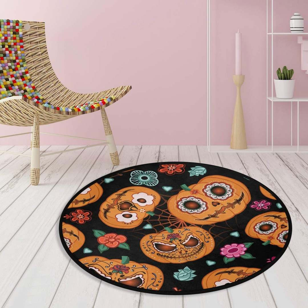 Pumpkin Skull Round Rug Carpet Bedroom Livingroom Home Decor