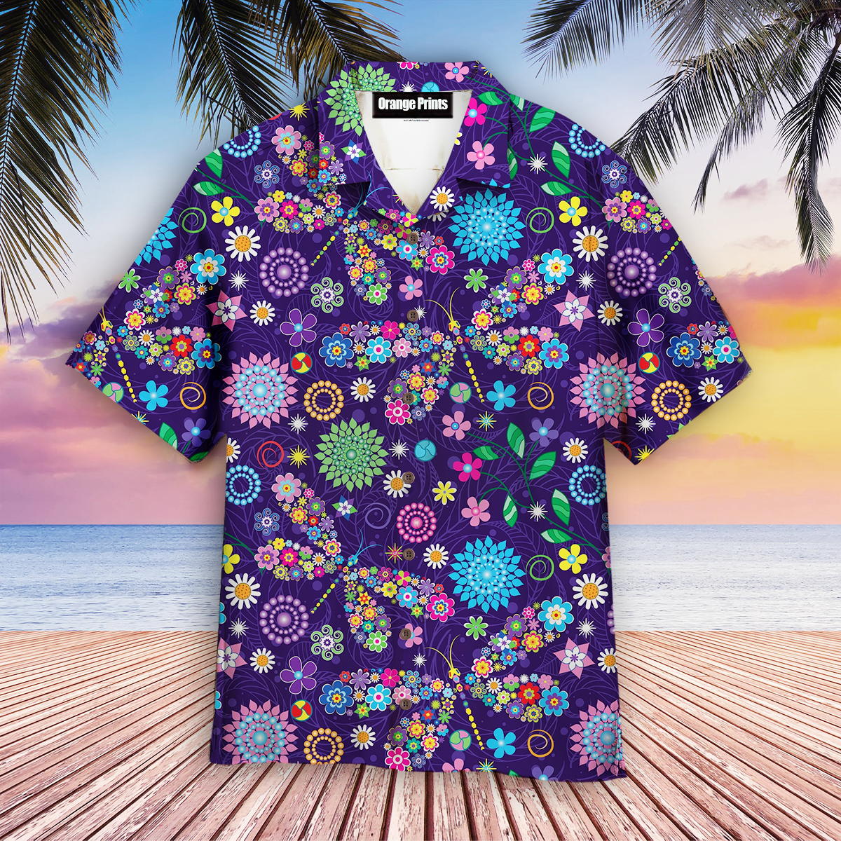 Purple Dragonfly And Flowers Hawaiian Shirt