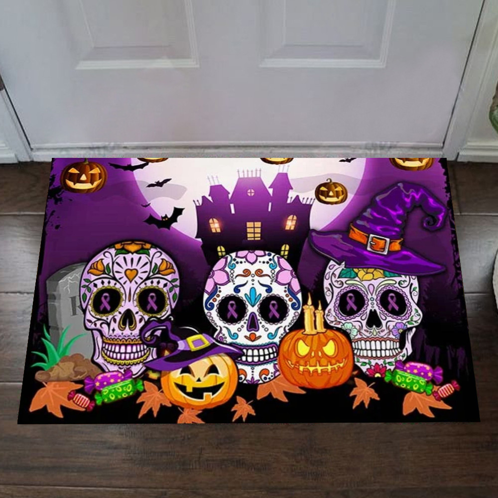 Purple Ribbon Sugar Skulls Halloween Rubber Doormat Cancer Awareness Welcome Mat Halloween Decor