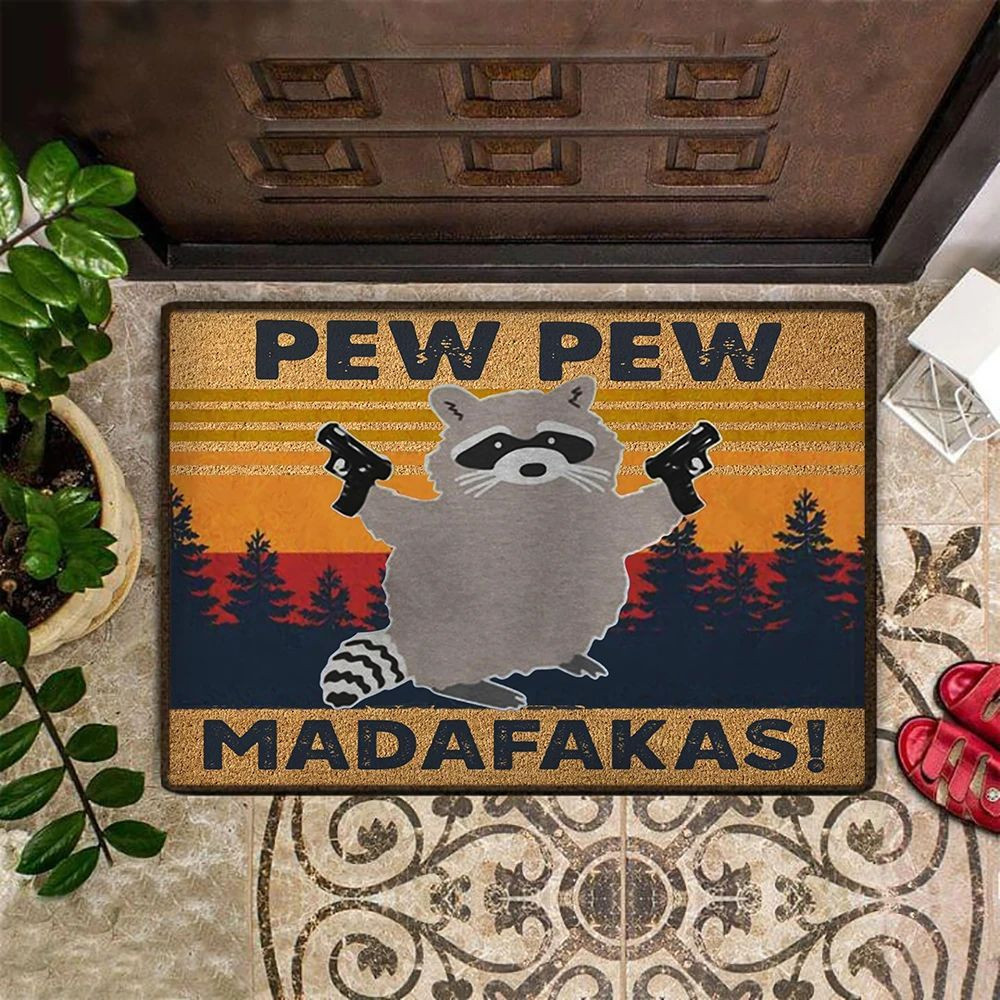 Raccoon Gunman Pew Pew Madafakas Rubber Doormat Hilarious Cute Door Mats Indoor Unique