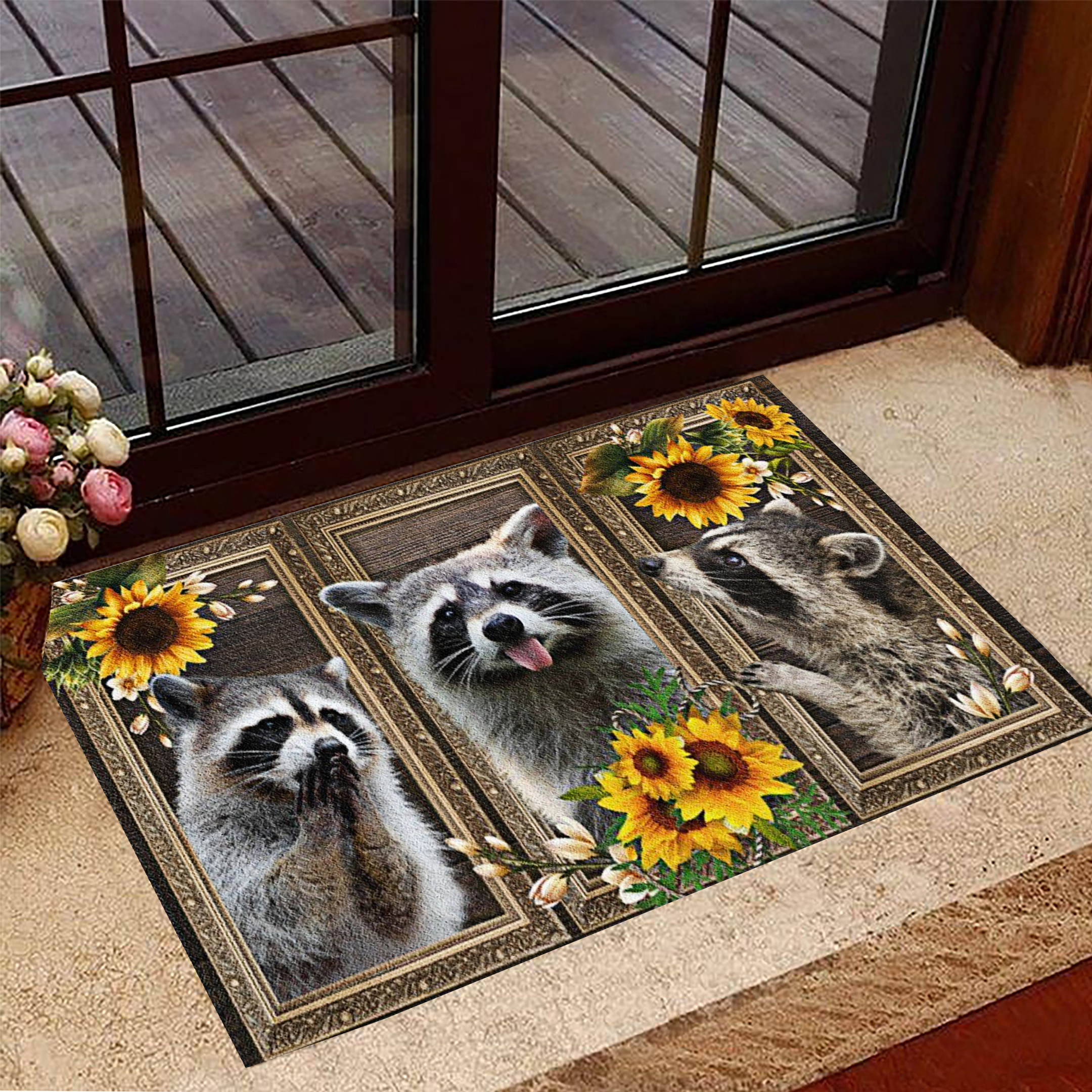 Raccoon Rubber Doormat Sunflowers Animal Rubber Doormat Racoon Themed Gifts