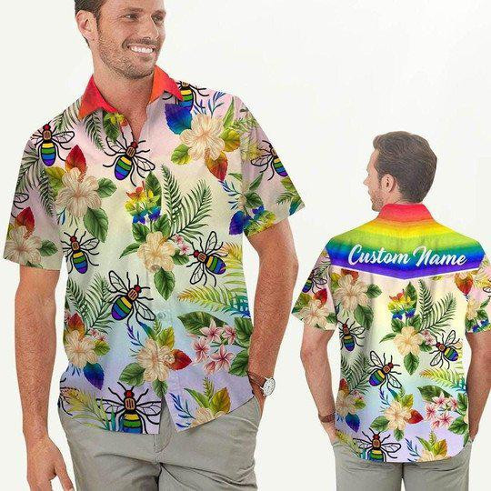 Rainbow Bee Hibiscus LGBT Pride Personalized Hawaiian Shirt