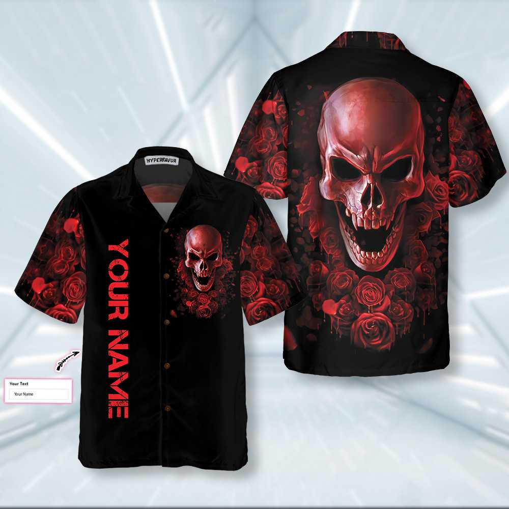 Red Rose Gothic Skull Personalized Hawaiian Shirt