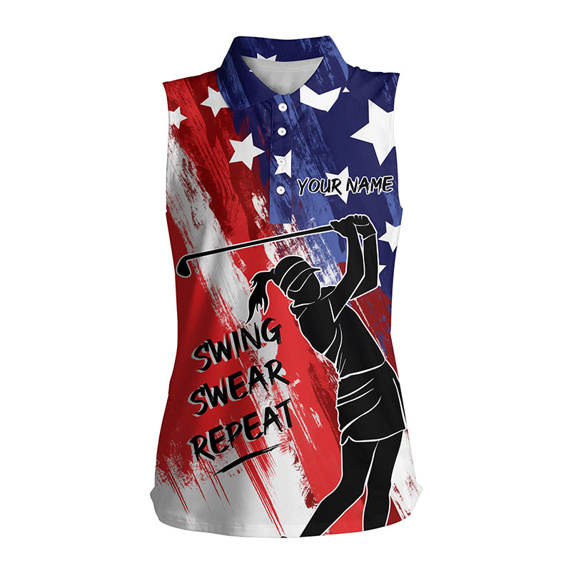 Red, White And Blue American Flag Sleeveless Polo Shirt Personalized Swing Swear Repeat Patriotic Golf Shirt