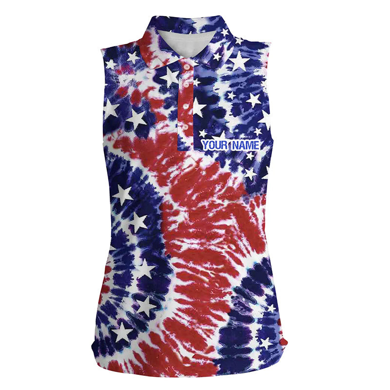 Red, White, And Blue American Flag Tie Dye Sleeveless Polo Shirt Personalized Patriotic Team Golf Shirts