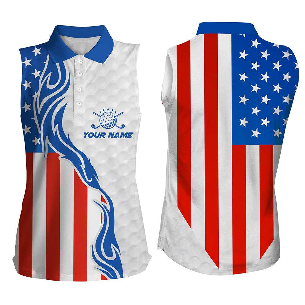 Red, White, And Blue American Flag Womens Sleeveless Polo Shirt Personalized Patriotic Golf Shirt For Women