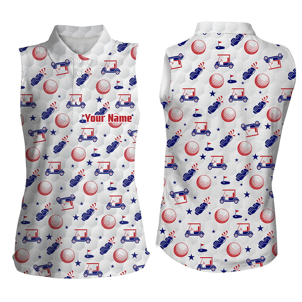 Red, White And Blue Sleeveless Polo Shirt Personalized American Flag Patriotic Golf Clubs Pattern Golf Shirt