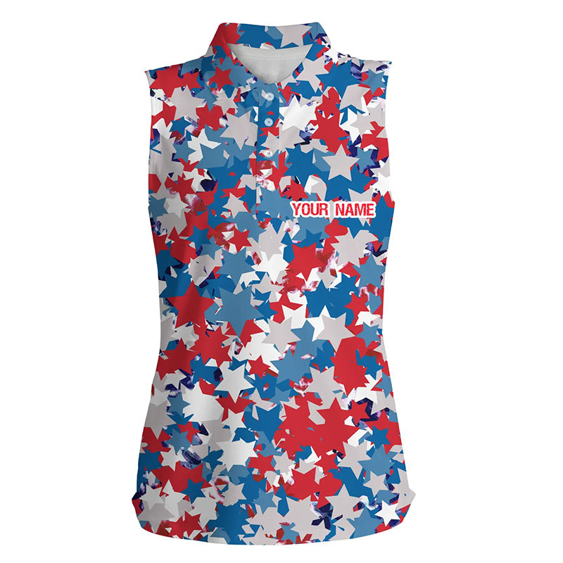 Red, White And Blue Star Womens Sleeveless Polo Shirt Personalized Patriotic Team Golf Shirts Ladies