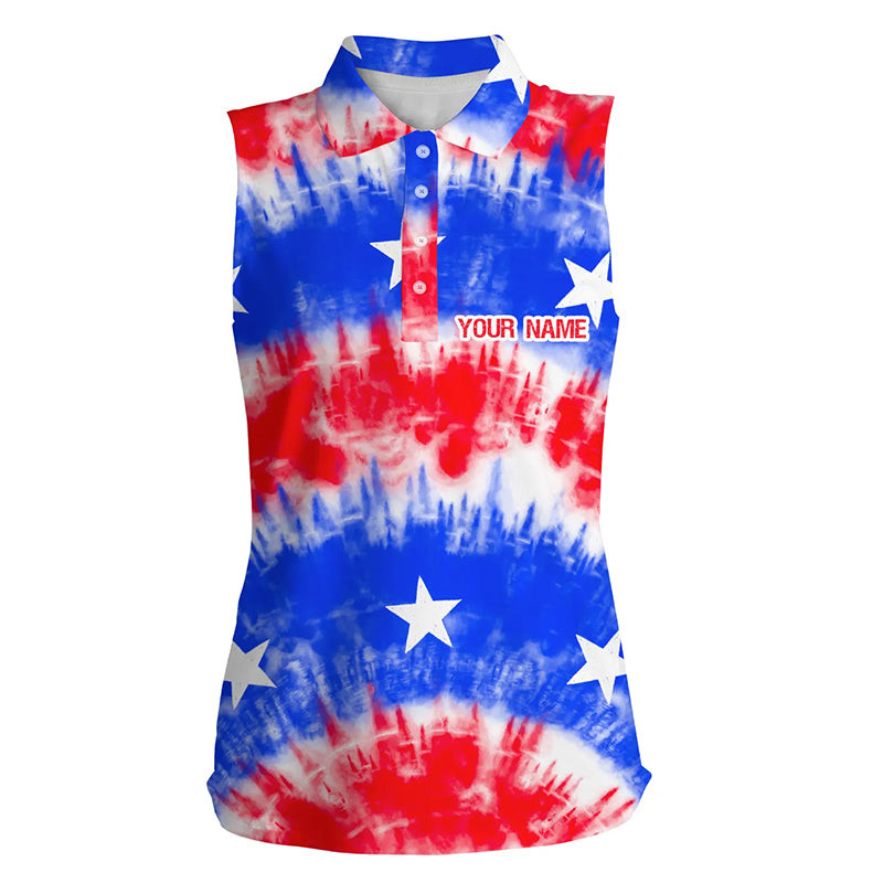 Red, White And Blue Tie Dye American Flag Womens Sleeveless Polo Shirt Personalized Team Golf Shirts Ladies
