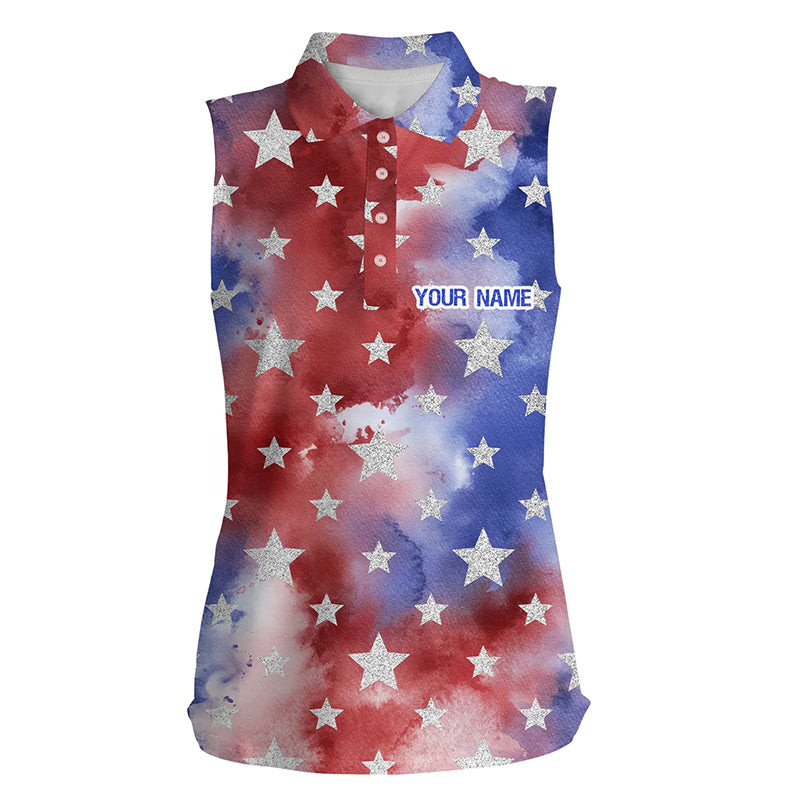 Red, White And Blue Tie Dye Womens Sleeveless Polo Shirt Personalized Team Golf Shirts Ladies, Golfing Gifts