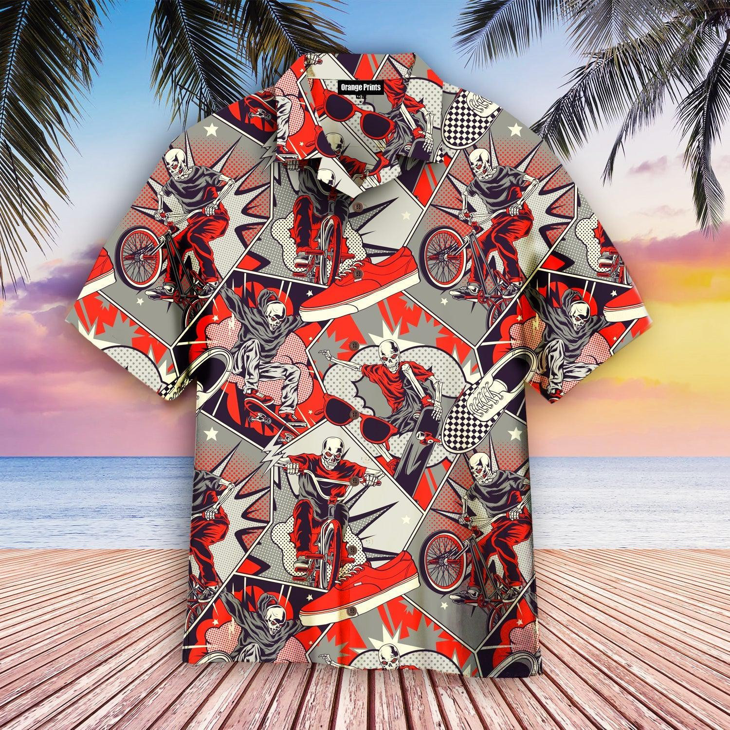 Retro Comic Skull Riding Bike Hawaiian Shirt
